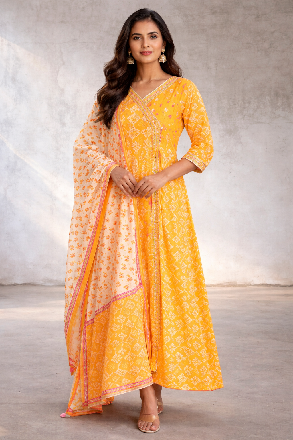 Women's yellow floral printed Anarkali set featuring a flowing floral Anarkali, matching pants, and a printed dupatta, perfect for festive occasions and elegant ethnic wear.