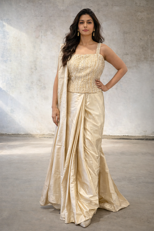 Ivory Gold Embellished Draped Corset Saree