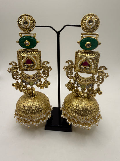 Statement Jhumka with Paachi and Carved Stone