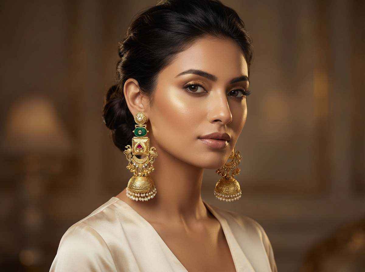 Statement Jhumka with Paachi and Carved Stone
