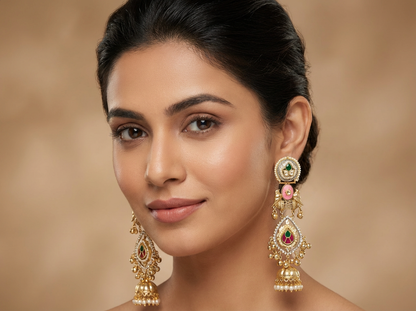 Indian Earrings Australia | Brass Handmade Pink & Green Jhumka Earrings