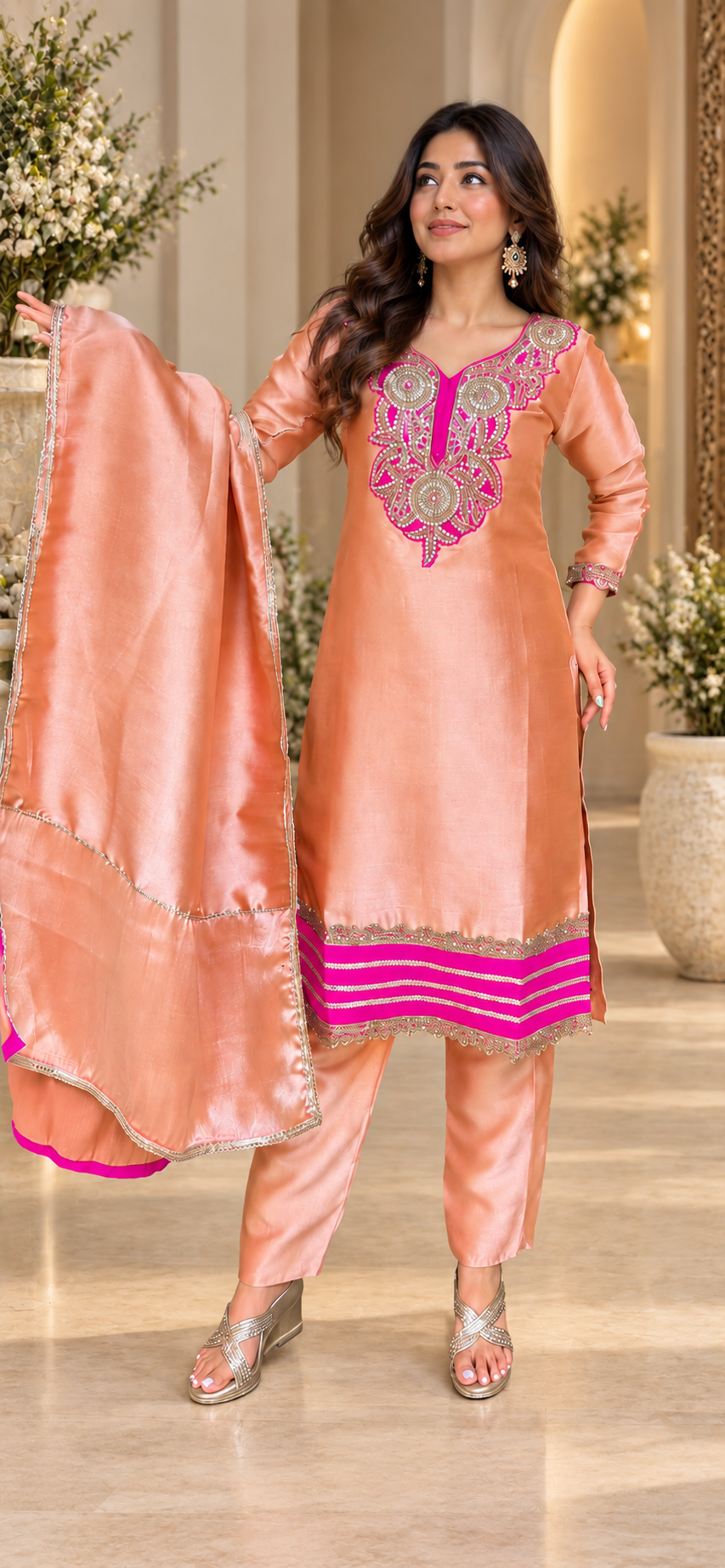 Peach Giraffe Tissue 3-piece set with hot pink and gold embroidered neckline, matching pants and dupatta.