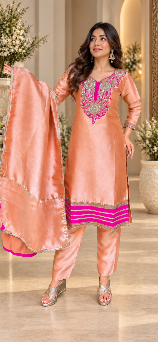 Peach Giraffe Tissue 3-piece set with hot pink and gold embroidered neckline, matching pants and dupatta.