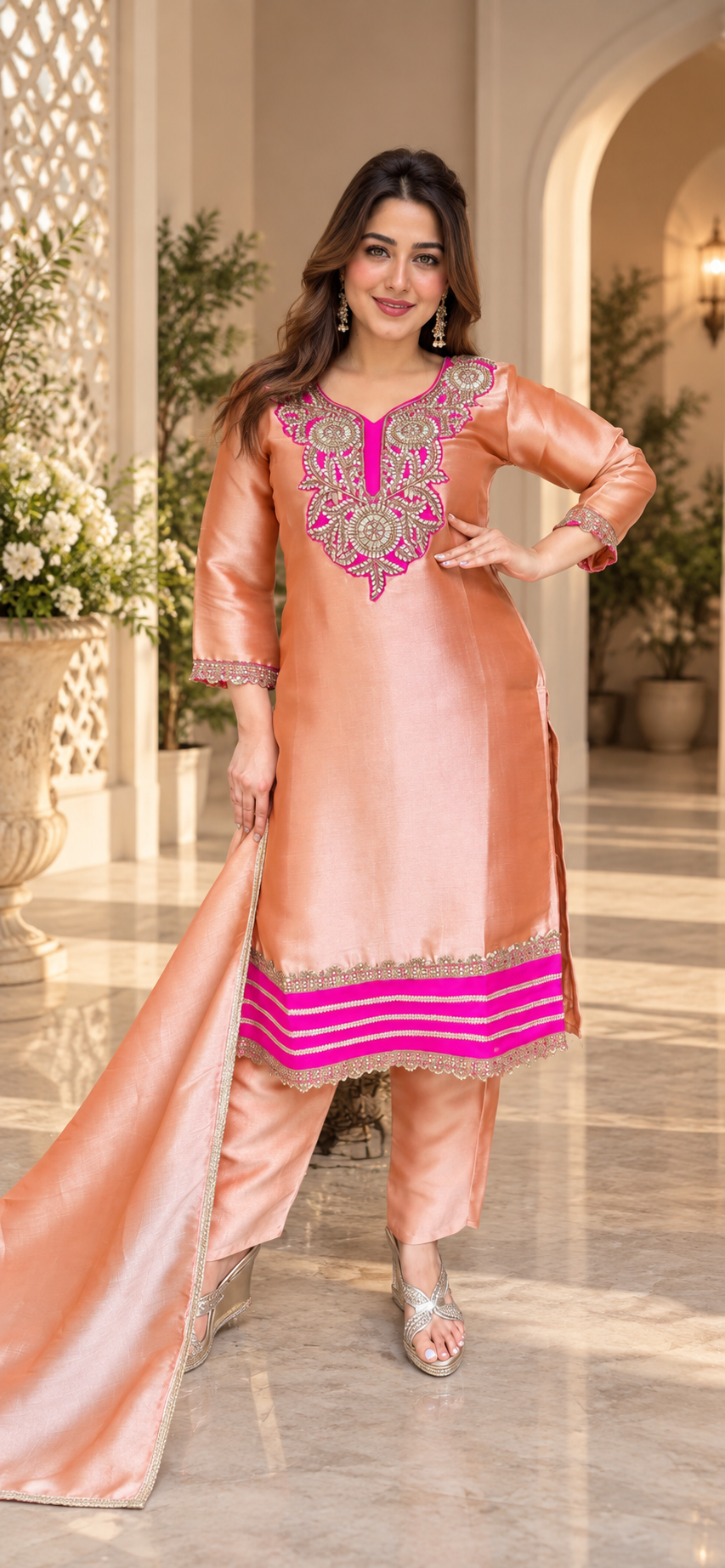 Peach Giraffe Tissue 3-piece set with hot pink and gold embroidered neckline, matching pants and dupatta.