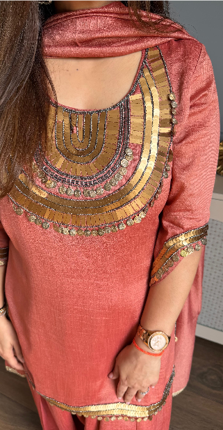 Peach silk tissue embroidered pant set with gold detailing, wide-leg pants and matching dupatta.
