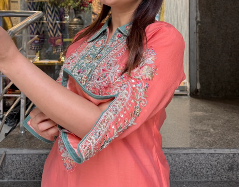 Coral Mul Chanderi embroidered 2-piece co-ord set with collared kurta and matching pants.