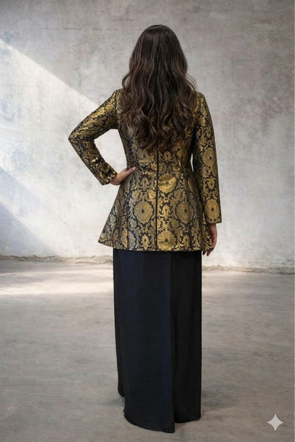 Black & Gold Brocade Peplum Top and Moss Fabric Skirt