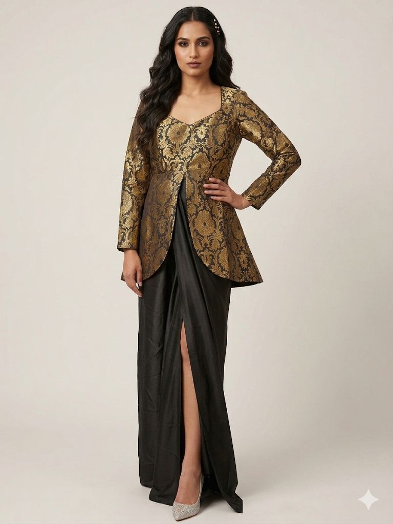 Black & Gold Brocade Peplum Top and Moss Fabric Skirt