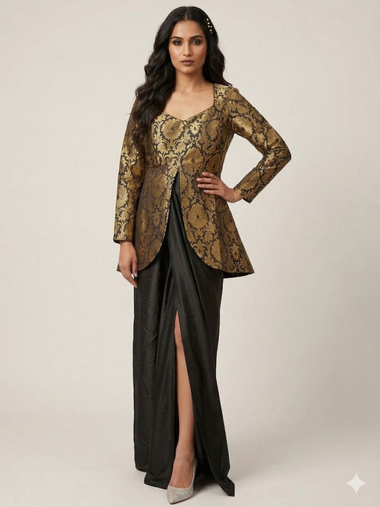 Black & Gold Brocade Peplum Top and Moss Fabric Skirt