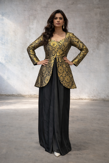 Black & Gold Brocade Peplum Top and Moss Fabric Skirt