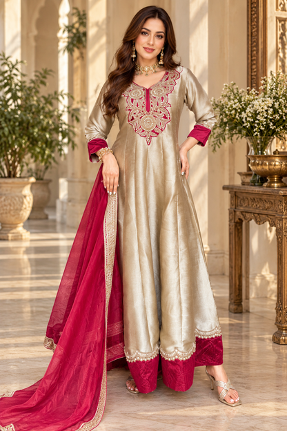 Gold Giraffe Tissue embroidered Anarkali 2-piece set with ruby detailing and matching sheer ruby dupatta.