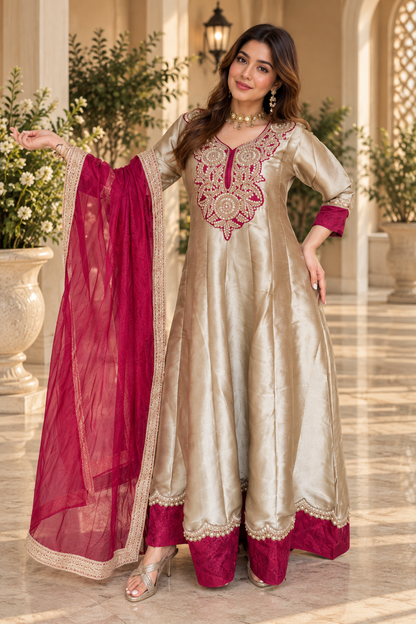 Gold Giraffe Tissue embroidered Anarkali 2-piece set with ruby detailing and matching sheer ruby dupatta.