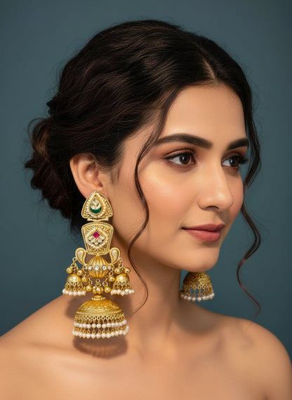 Statement Long Jhumka with Kundan and Pearl Drops