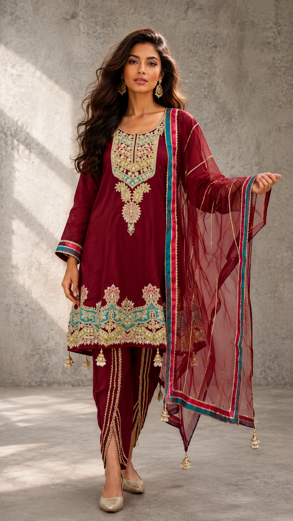 Maroon embroidered kurta set with matching pants, sheer dupatta, gold detailing, aqua border accents, and tassels for women by Adishee.