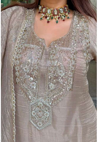 Champagne Soft Tissue Embroidered Sharara 3-Piece Set