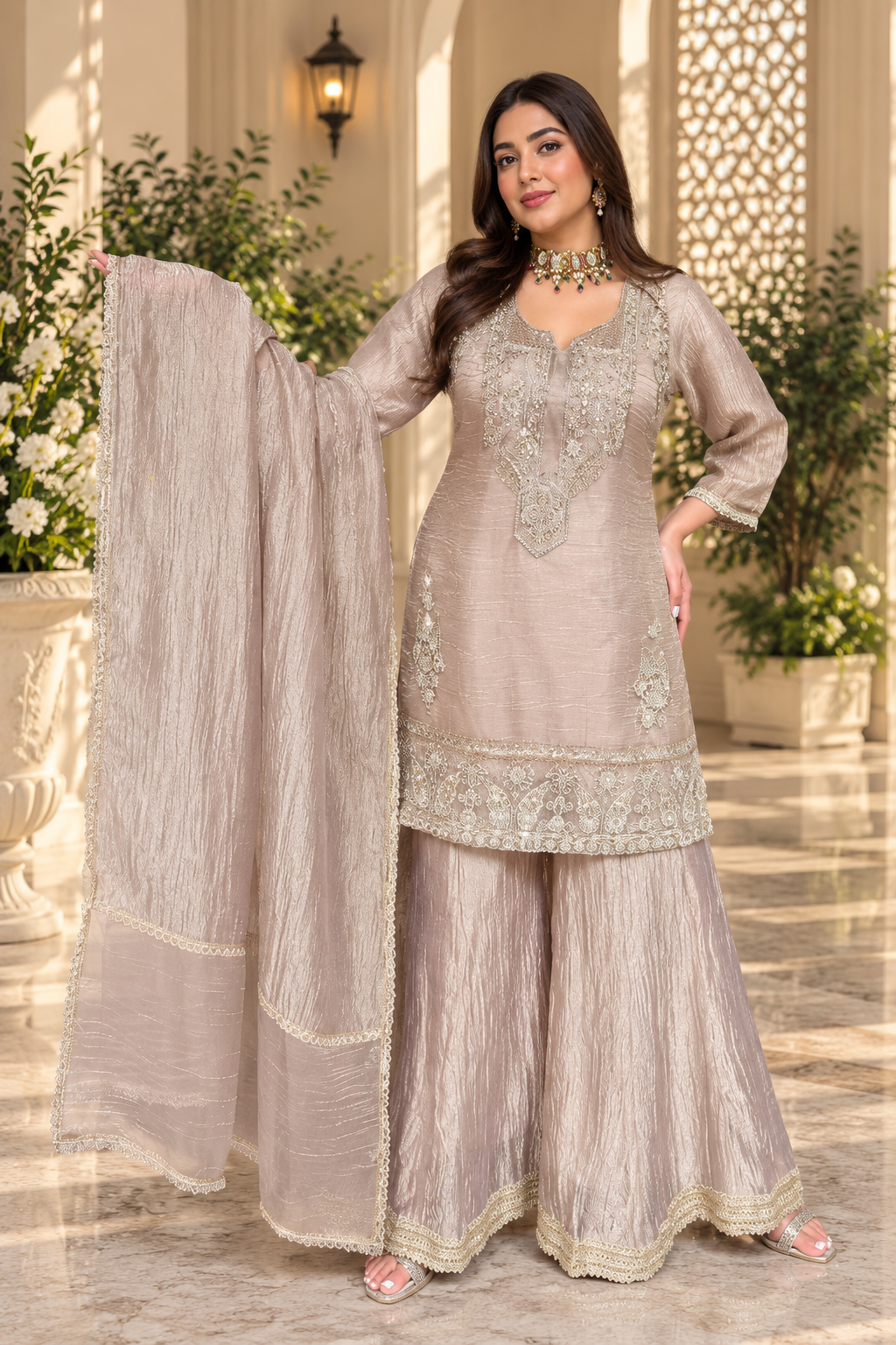 Champagne Soft Tissue Embroidered Sharara 3-Piece Set