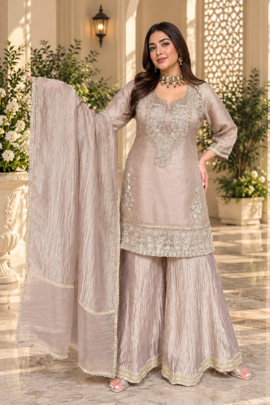 Champagne Soft Tissue Embroidered Sharara 3-Piece Set
