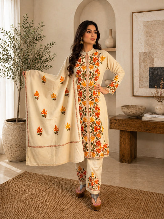 Cream Kashmiri kurta set with matching pants and shawl for Indian festive wear from Adishee