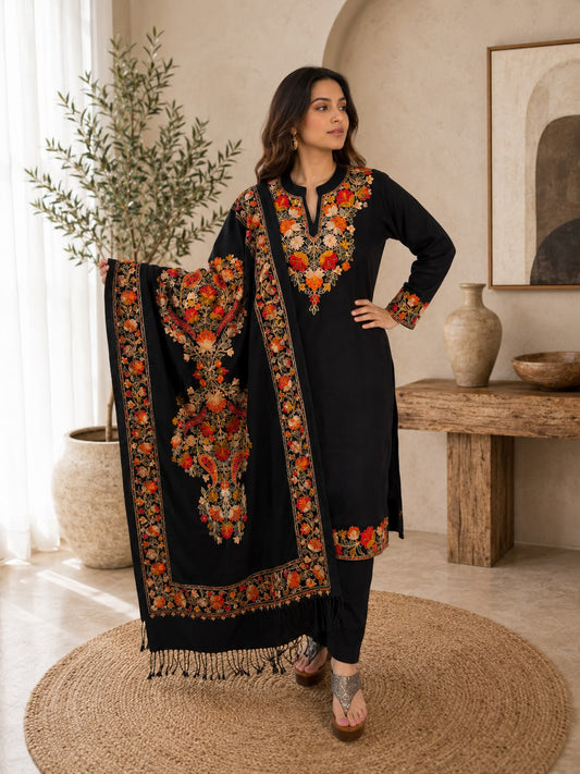 Black Kashmiri embroidered kurta set with matching pants and shawl for Indian festive wear from Adishee
