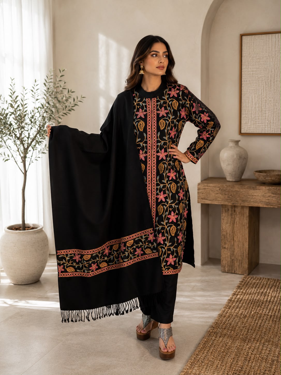 Black Kashmiri kurta set with matching pants and shawl for Indian festive wear from Adishee