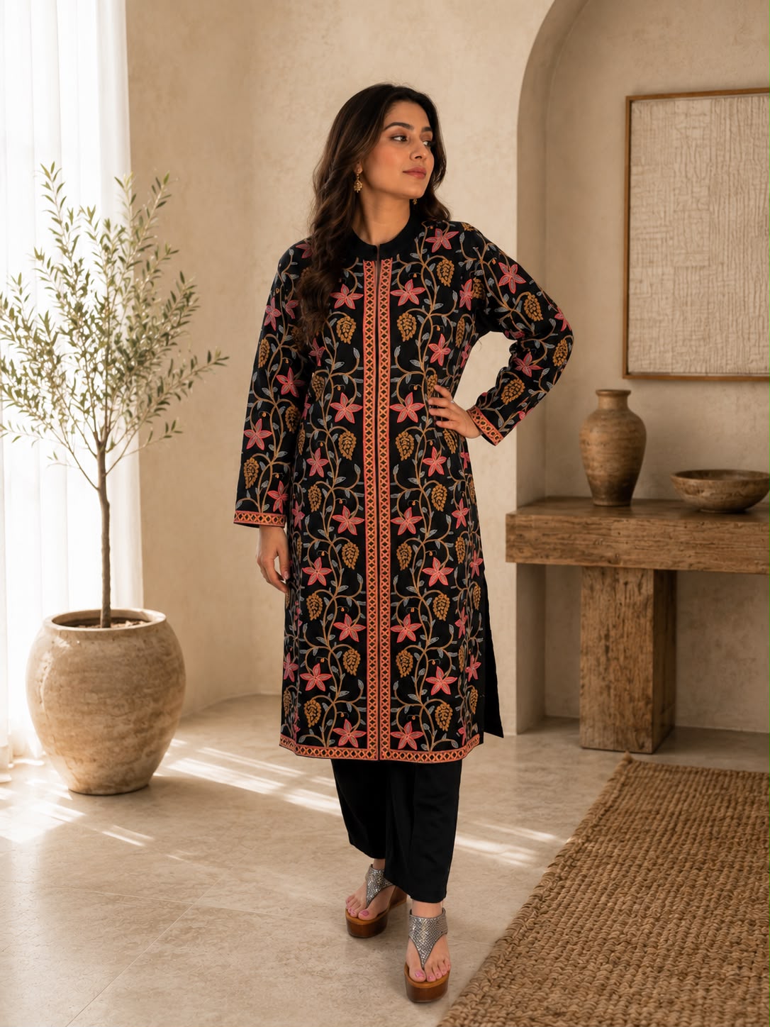 Black Kashmiri printed kurta set with floral motif detailing for Indian party wear