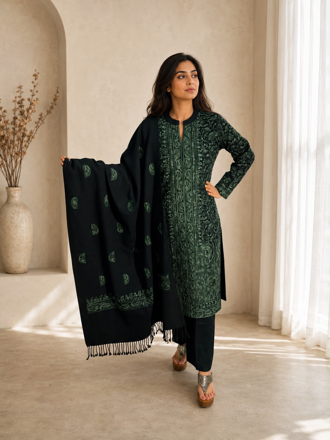 Dark green Kashmiri kurta set with shawl for Indian festive and party wear