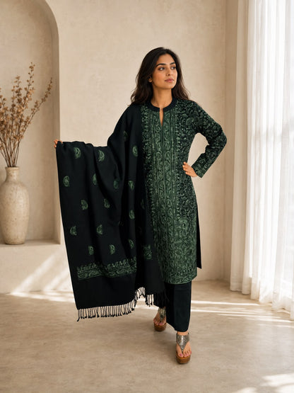 Dark green Kashmiri kurta set with shawl for Indian festive and party wear