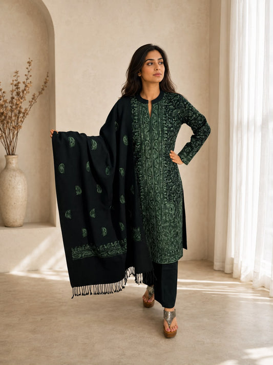 Dark green Kashmiri kurta set with shawl for Indian festive and party wear