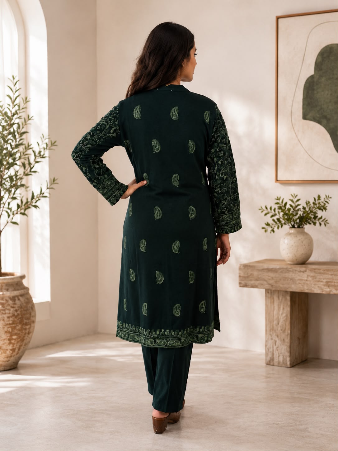 Back view of dark green Kashmiri kurta set with matching pants from Adishee