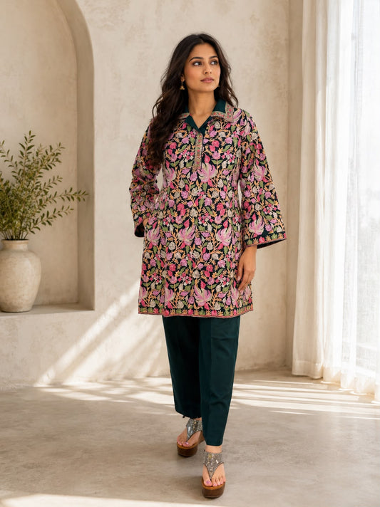 Dark green floral Kashmiri kurta set with matching pants for Indian festive and casual ethnic wear
