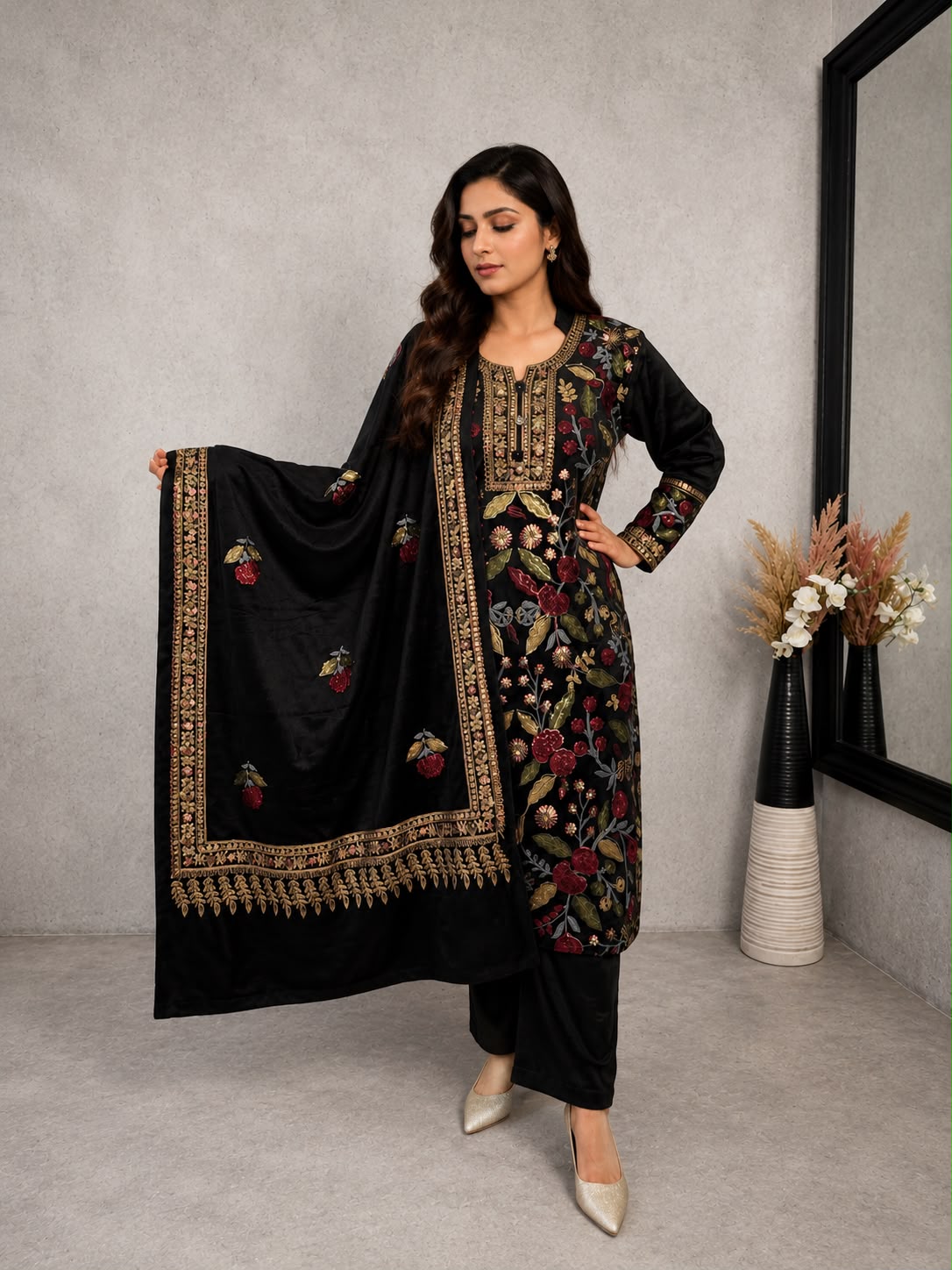 Black velvet Kashmiri embroidered kurta set with matching pants and shawl for Indian festive wear from Adishee