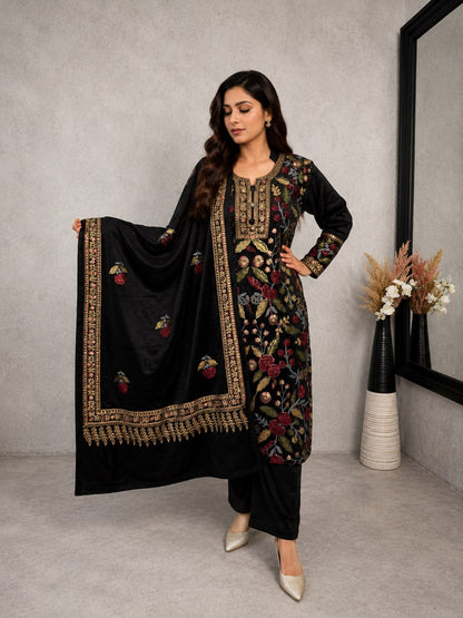 Black velvet Kashmiri embroidered kurta set with matching pants and shawl for Indian festive wear from Adishee