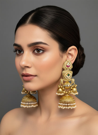 Statement Long Jhumka with Kundan and Pearl Drops