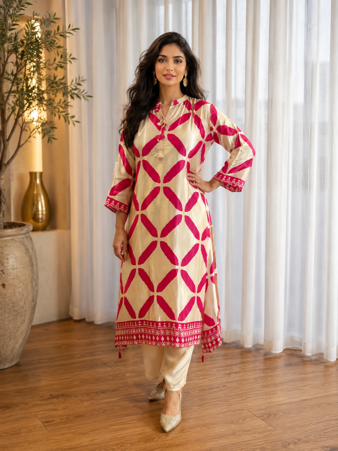 Women's ivory and fuchsia crepe long co-ord set featuring a geometric print, long straight kurta with tassel neckline, and matching straight pants by Adishee Australia.