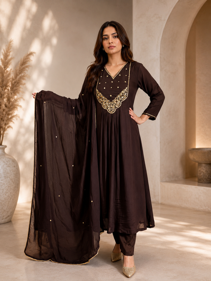 Women's chocolate brown embroidered suit set featuring an embellished Anarkali-style kurta, matching straight pants, and a coordinating dupatta, perfect for festive and occasion wear by Adishee Australia.