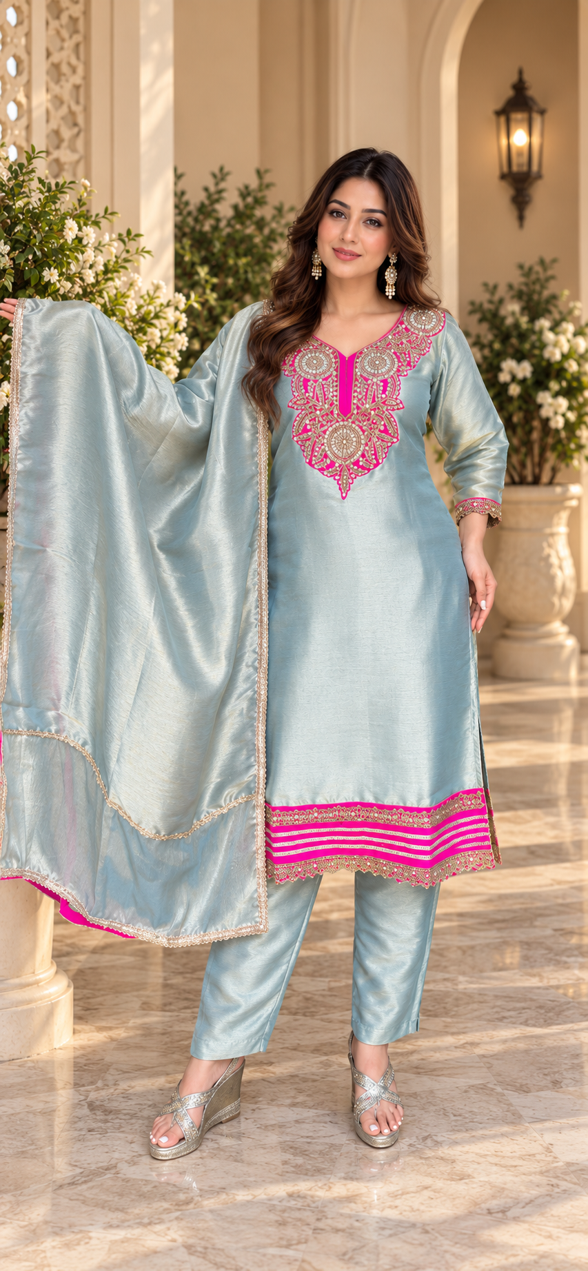 Ice blue Giraffe Tissue 3-piece set with hot pink and gold embroidery, matching pants and dupatta.