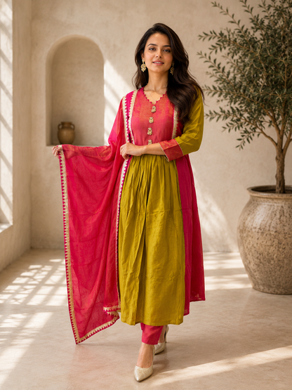 Premium Mul Chanderi Anarkali Suit Set with Tissue Dupatta
