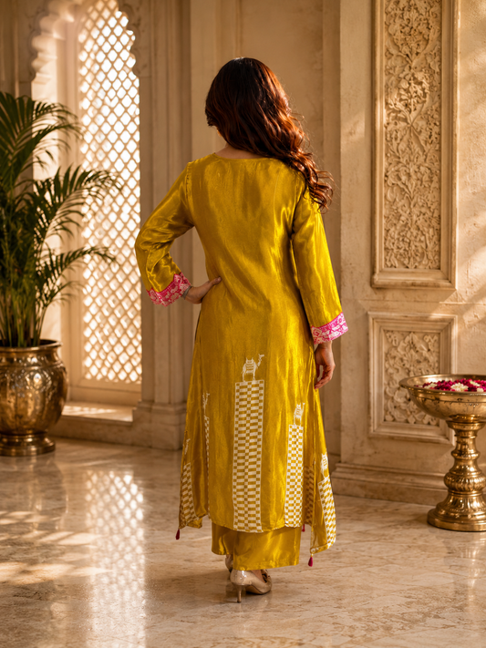 Back view of a women's mustard yellow crepe long co-ord set with matching straight pants, showcasing the elegant rear design by Adishee Australia.