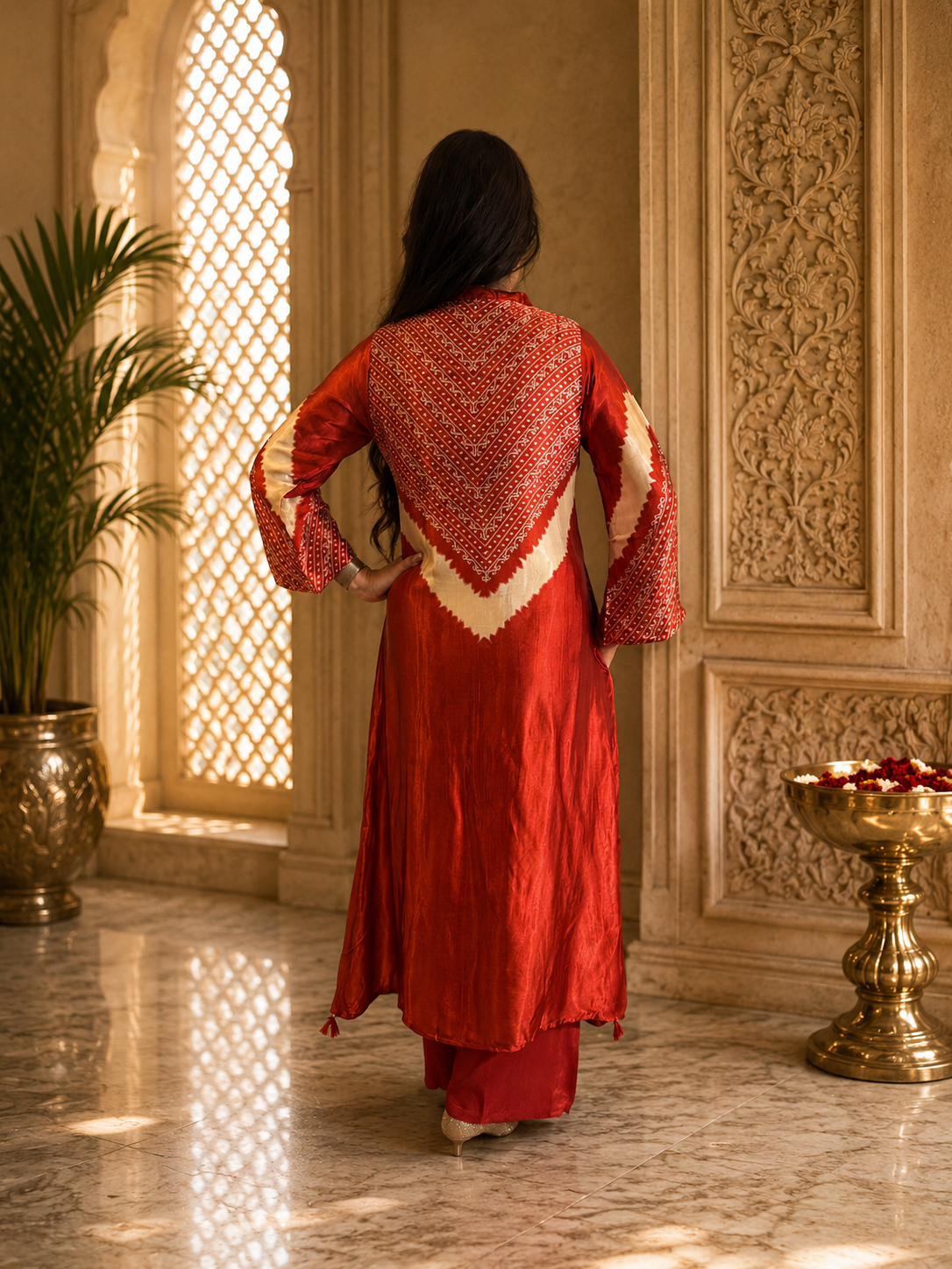 Back view of a women's red crepe long co-ord set with matching straight pants, showcasing the elegant printed back design by Adishee Australia.