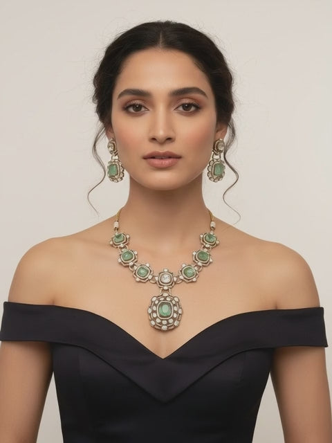 Gold-Tone Green Stone Statement Necklace with Matching Earrings