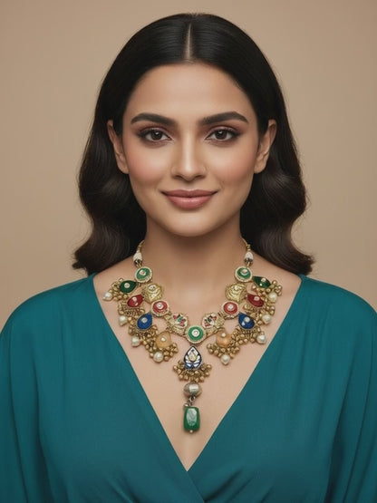 Multicolour Stone Statement Necklace with Pearl Accents - Brass 92.5 Handmade