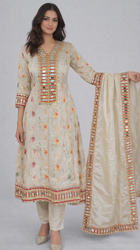 Ivory Floral Embroidered Tissue Anarkali Suit Set with Mirror Work