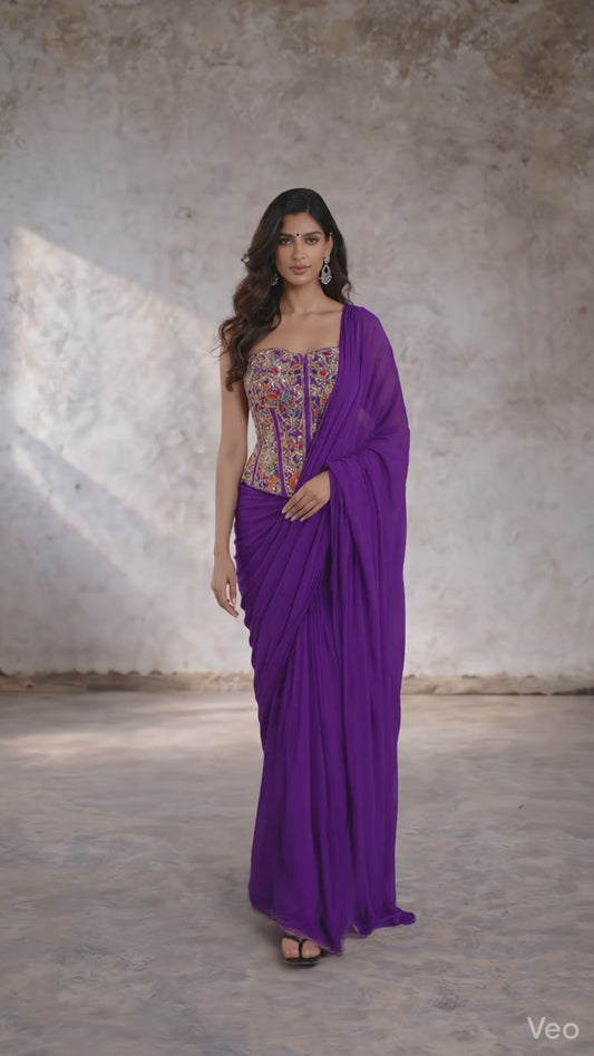 Purple Draped Indo Western Set with Multicolor Embroidered Corset Blouse