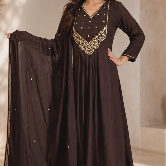 Women's chocolate brown embroidered suit set featuring an embellished Anarkali-style kurta, matching straight pants, and a coordinating dupatta, perfect for festive and occasion wear by Adishee Australia.