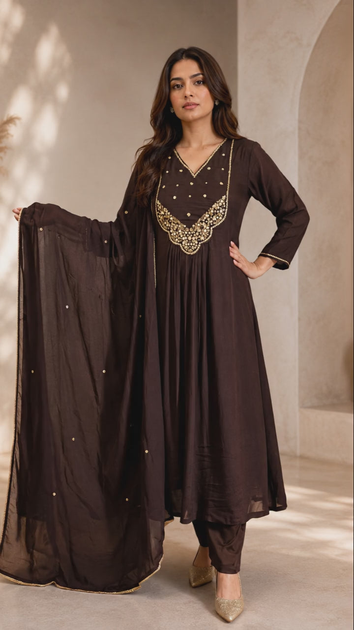 Women's chocolate brown embroidered suit set featuring an embellished Anarkali-style kurta, matching straight pants, and a coordinating dupatta, perfect for festive and occasion wear by Adishee Australia.